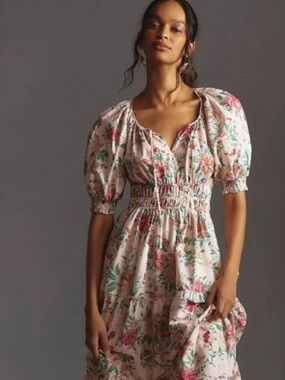 NWT Anthropologie Somerset Smocked Cream Midi Dress with Pink & Green Floral